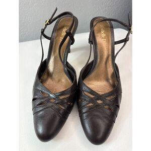 Michelle D Womens 8M Black Leather Strappy Heels with Buckle Closure